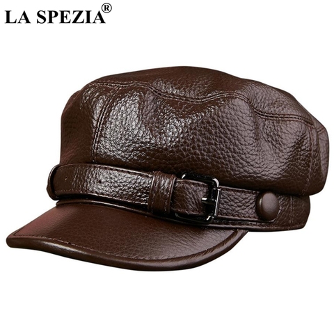 LA SPEZIA 2022 Brand Military Hat Sailor Men Brown Genuine Cow Leather Winter Baker Boy Caps Male Belt Top Quality Captain Hat ► Photo 1/6