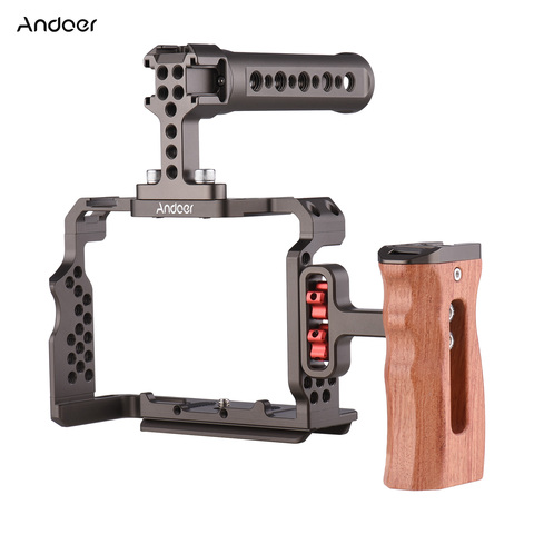 Andoer Aluminum Alloy Camera Cage Kit with Video Rig Top Handle Wooden Grip Replacement for Sony A7R III/ A7 II/ A7III ► Photo 1/6