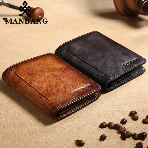 ManBang 2022 New 100% Genuine Leather Men Wallet Small Mini Card Holder Male Walet Pocket Retro purse High quatily ► Photo 1/6