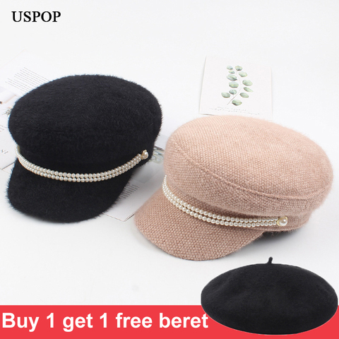 USPOP New winter caps women newsboy caps female pearl mink hair military caps vintage flat top thick warm hats ► Photo 1/6