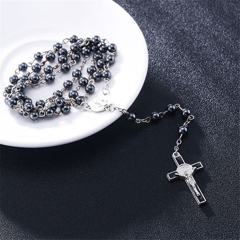 6mm hematite rosaries beads long chain necklaces men women Prayer rosary catholic chotk jesus christ cross pendant jewelry ► Photo 1/6
