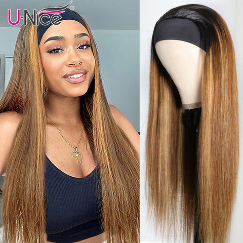 Unice Hair Best Value Straight Human Hair Grip Headband Scarf Wig for African American Women Natural Color Machine Made  Wigs ► Photo 1/6