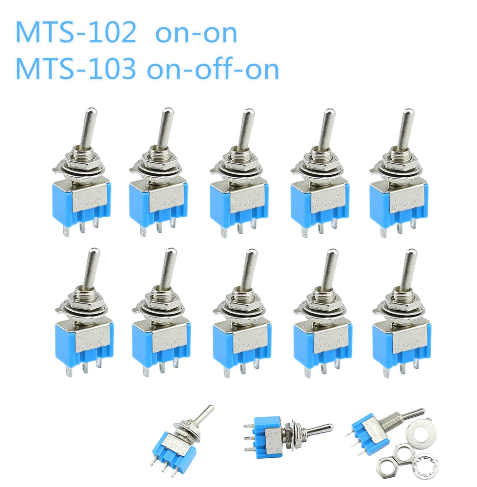 10pcs NEW Mini MTS-103 3-Pin SPDT ON-OFF-ON 6A 125VAC Toggle Switches 