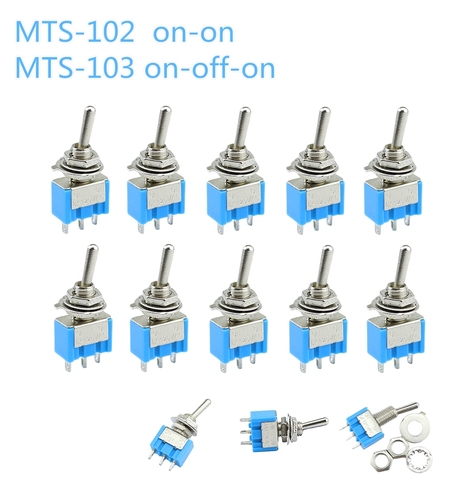 10pc/LOT Blue Mini MTS-102 3-Pin SPDT ON-ON 6A 125VAC Miniature Toggle Switches  MTS-103 3-Pin  ON-OFF-ON ► Photo 1/6