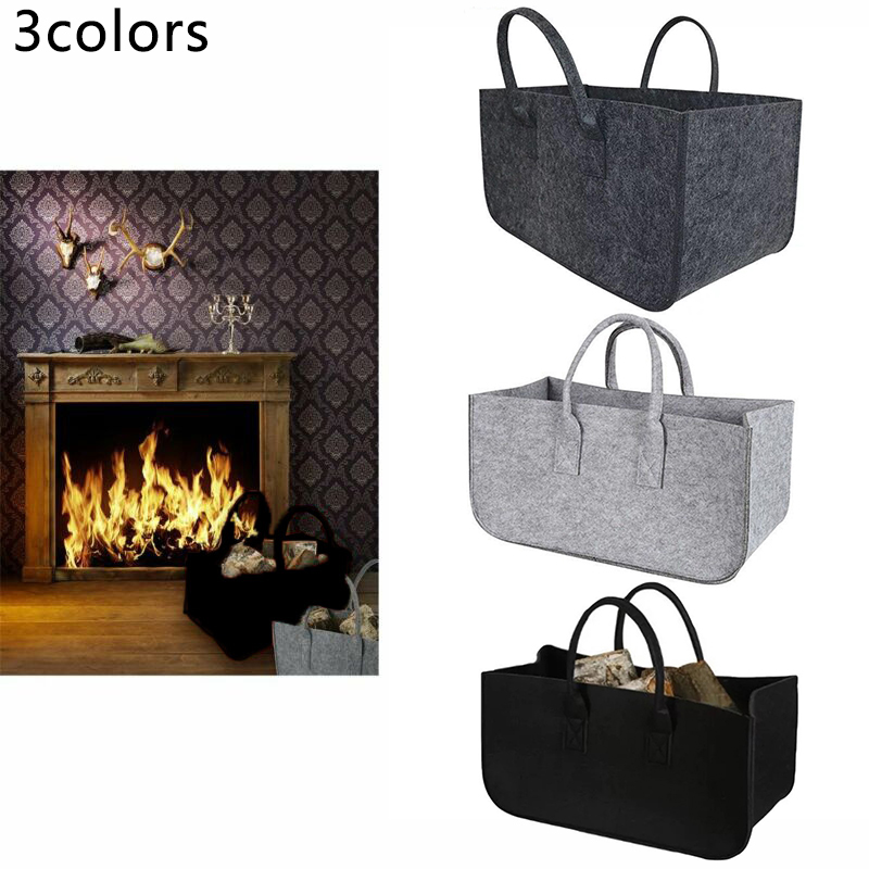 Felt Bag Black Fireplace Wooden Bag Felt Basket Fire Wood Pocket Firewood Basket Newspaper Stalls Basket ► Photo 1/6