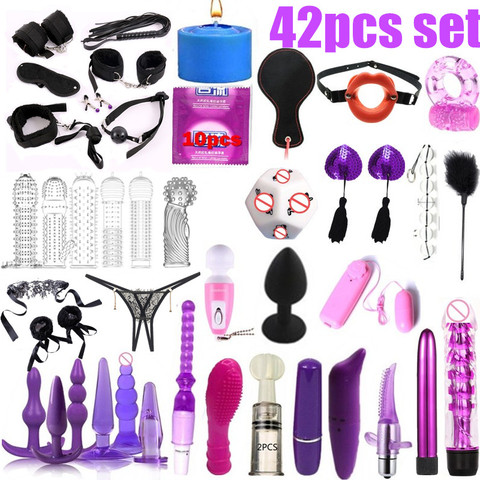 42Pcs set Sex Products Erotic Toys for Adults BDSM Sex Bondage Set Handcuffs Anal Plug Dildo Vibrator Whip Sex Toys for Women ► Photo 1/4