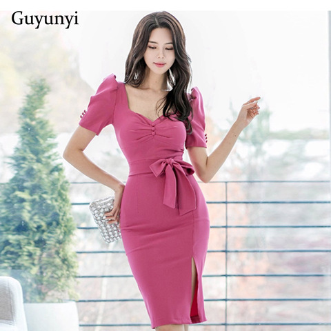 Korean Elegant Office Dress 2022 Spring Plain Bubble Short Sleeved  Decorative Buttons High Waist Tight Slim Party Dress Women - Price history  & Review | AliExpress Seller - GUYUNYI Official Store 