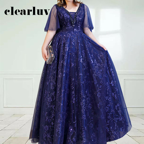 2022 Plus Size Evening Dress DR1063 Sexy V-neck Robe De Soiree Shining Navy Blue Evening Gown For Women Sequin Long Party Dress ► Photo 1/6