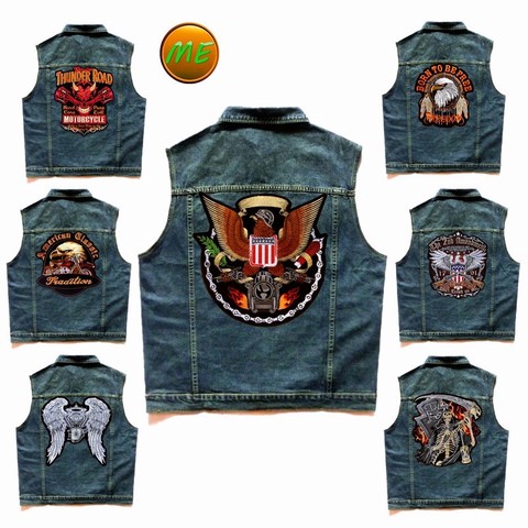 Embroidered Denim vests blue Jeans Patchwork Motorcycle Biker Jeans Sleeveless jacket punk Cowboy Fashion vest live to ride 6XL ► Photo 1/6