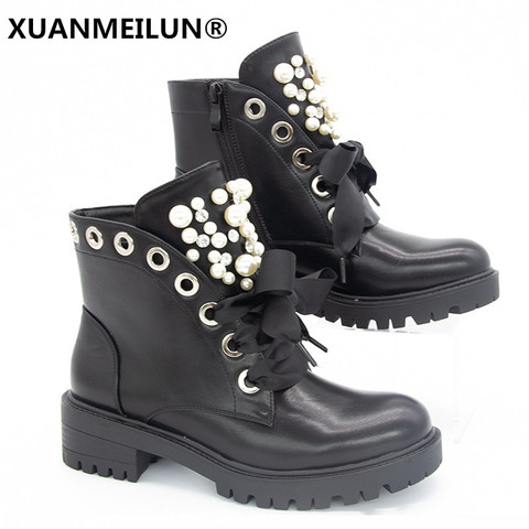 Women Short Boots 2022 Ladies Leather Ankle Boots Autumn Platform Motorcycle Shoes For Woman's Punk 36-41 Winter Pearl Rivet Sho ► Photo 1/6