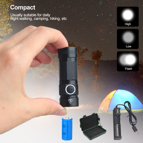 Mini Outdoor LED CLIP EDC Flashlight USB Rechargeable Mini Portable Hiking Tiny 3Modes Torch Waterproof Lamp +16340+Charger+Box ► Photo 1/6