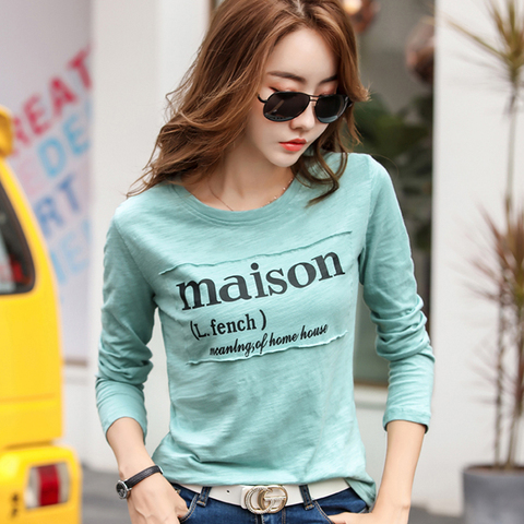 Camisas Mujer 2022 Spring T Shirt Women Long Sleeve Letter Print Woman Clothes Korean Tshirt Tops Cotton Fashion T-Shirt Femme ► Photo 1/6