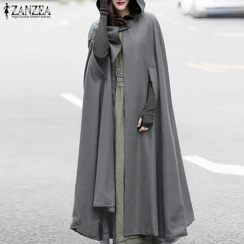 ZANZEA Women Winter Hooded Open Front Cloak Loose Solid Long Coat Hoodies Cosplay Outwear Christmas Casual Cape Poncho Plus Size ► Photo 1/6