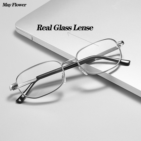 May Flower Retro Square Anti-Scratch Reading Glasses For Men Presbyopic Eyewear With Glass Lenses Metal Hyperopia Eyeglasses+3.5 ► Photo 1/6