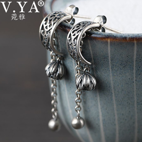 V.YA S925 Sterling Silver Tassel Drop Earrings Lone Silver Lotus Bud Dangle Cocktail Party Linear Earrings Elegant Women Jewelry ► Photo 1/6