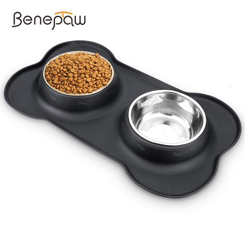 Benepaw Antislip Double Dog Bowl With Silicone Mat Durable Stainless Steel No Spill Pet Feeding Bowl Drinking Water Food Feeder ► Photo 1/6