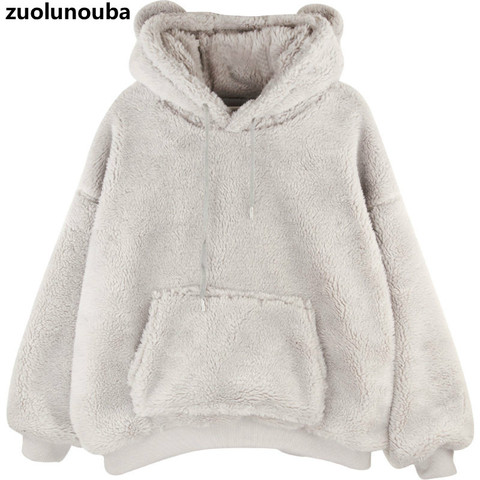 2022 Winter Plus Velvet Korean Version Of Bear Ears Cute Loose Ladies Hoodie Imitation Lamb Plush Sweet Cartoon Women Sweatshirt ► Photo 1/6