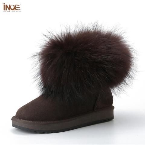 INOE Fashion Girls Fox Fur Cow Suede Leather Ankle Women Winter Boots for Woman Short Snow Boots Keep Warm Shoes Black Brown ► Photo 1/6