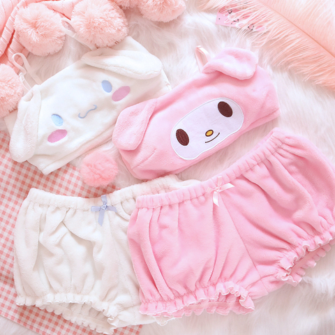 Nikoana Pink And White Kwaii Velvet Tube Top And Panties Set For Girls Adorable Underwear Anime Long Ear Doggy Bra and bloomers ► Photo 1/1