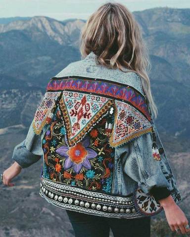 Boho Inspired ETHNIC EMBROIDERY VINTAGE DENIM JACKET long sleeve autumn winter jacket women boho chic jacket coat outwear 2022 ► Photo 1/6