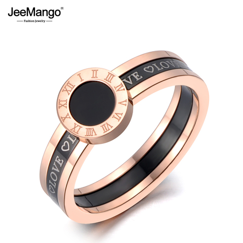 JeeMango Black Acrylic Love Roman Numerals Wedding Rings For Women Rose Gold Titanium Stainless Steel Ring Jewelry JR19060 ► Photo 1/5