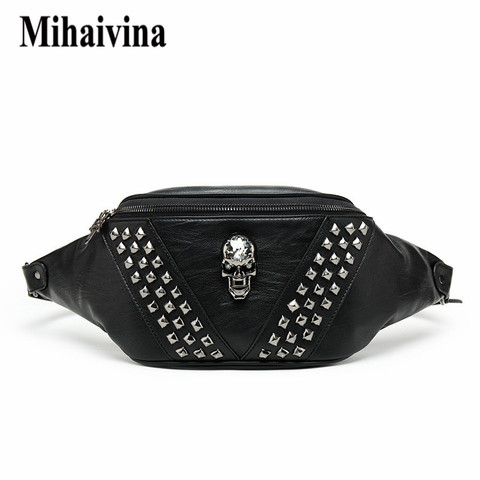 Mihaivina Punk Rivet Skull Men Waist Bag Women Black Fanny Pack Leather Chest Bags Female Shoulder Messenger Bag Bum Bags ► Photo 1/6