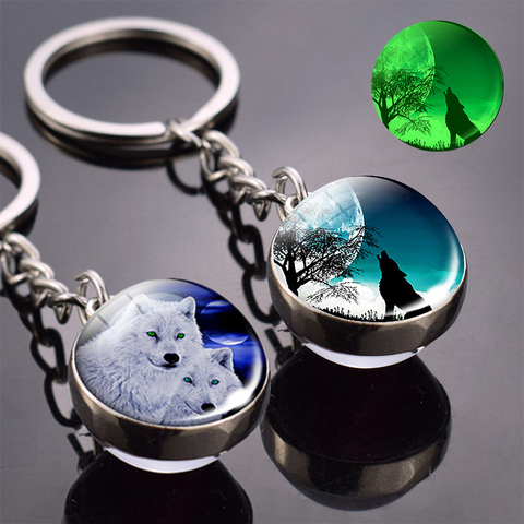 Glow in the Dark Wolf Key Chain Howling Wolf and Moon Keyring Double Side Glass Ball Keychain Wolf Head Pendant Key Ring ► Photo 1/6