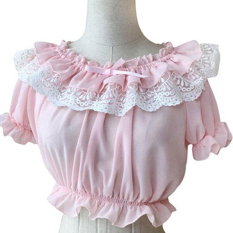 2022 Womens Chiffon Crop Top Summer Short Sleeve Blouse with Lace Detailing ► Photo 1/6