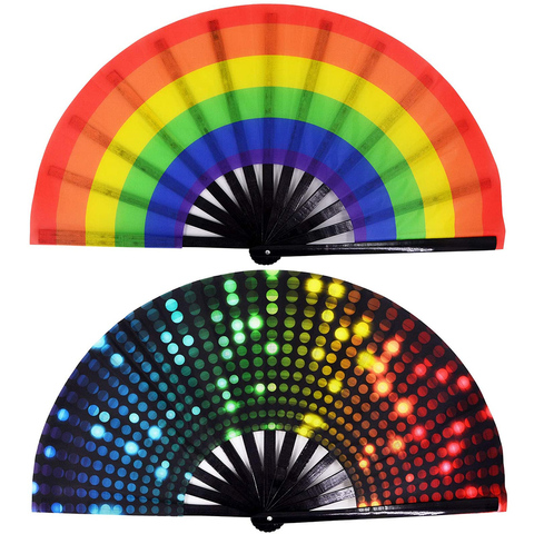 34 cm Large Folding Hand Fan Fold 1 pcs Dot Rainbow Print Black Bamboo & Nylon-Cloth Festival Handheld Fan For Gift ► Photo 1/6