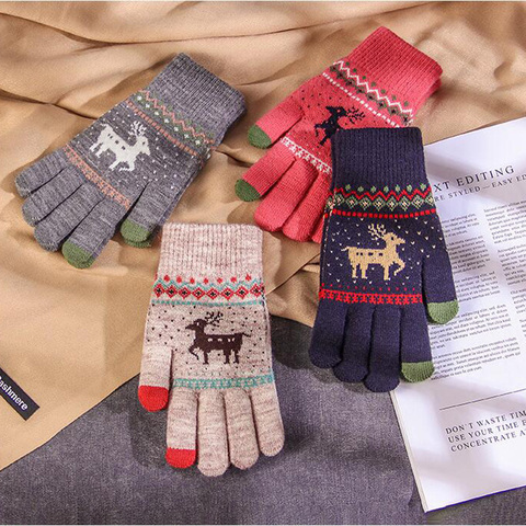 Fashion woman gloves winter plus velvet thick knit Christmas deer full finger gloves touch screen gloves warm riding gloves A12 ► Photo 1/6