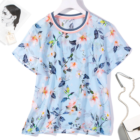 Women's 100% Pure Silk Top Shirt Blouse Crew Neck short sleeves Blue Floral  M L XL JN470 ► Photo 1/5