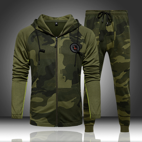 Camo Men Tracksuit Hooded Outerwear Hoodie Set 2 Pieces Autumn Sporting Male Fitness Camouflage Sweatshirts Jacket + Pants Sets ► Photo 1/6