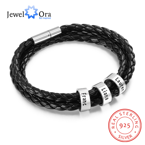 JewelOra 925 Sterling Silver Personalized Men Bracelet with Custom Name Beads 2-5 Charms Black Leather Bracelets for Men Jewelry ► Photo 1/6