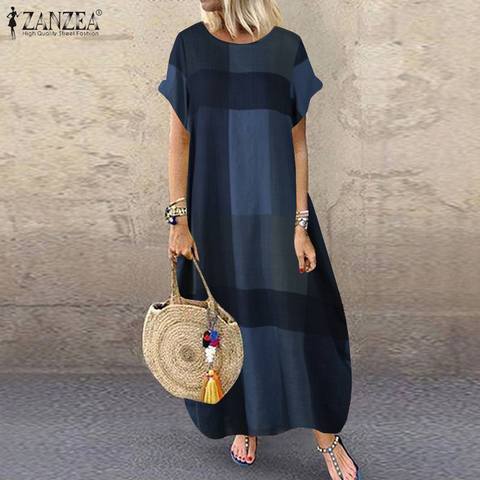 ZANZEA 2022 Vintage Summer Baggy Maxi Dress Women's Check Sundress Casual Short Sleeve Vestidos Female O Neck Robe Plus Size 7 ► Photo 1/5