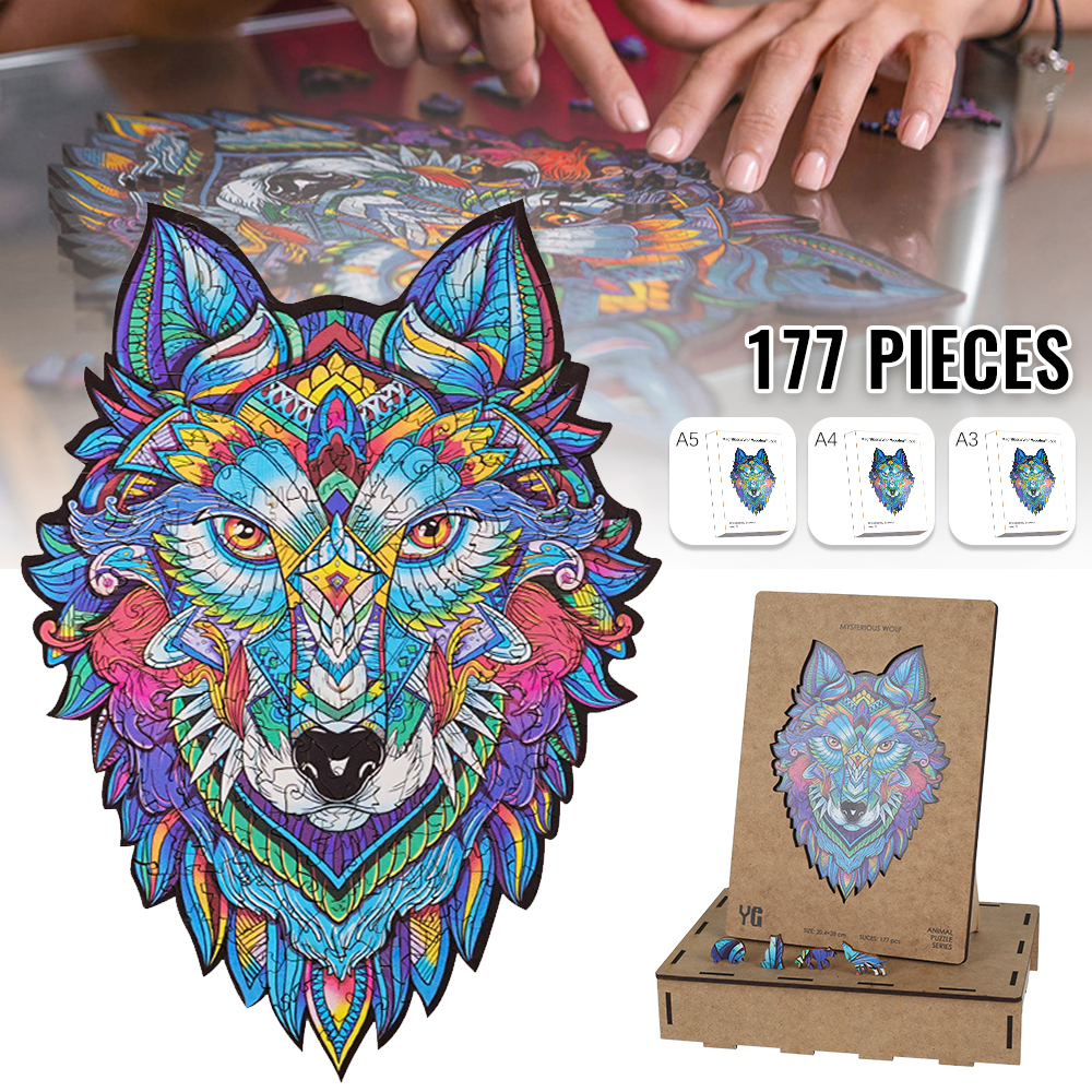 Unique Wooden Animal Jigsaw Puzzle Mysterious Wolf Puzzles Gift Adults Kids Toys