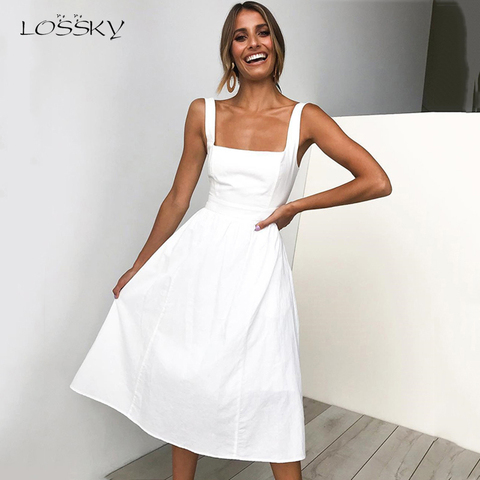 Lossky Casual Solid Dress Women Midi Long Summer Sexy Backless Slip Dresses Ruched Fashion Elegant Party Clothes Leisure 2022 ► Photo 1/5