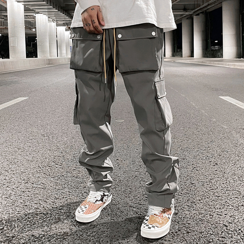 High Street Multi-pocket Casual Trousers for Men and Women Side Breasted Drawstring Cargo Pants Harajuku Solid Loose Pants ► Photo 1/6