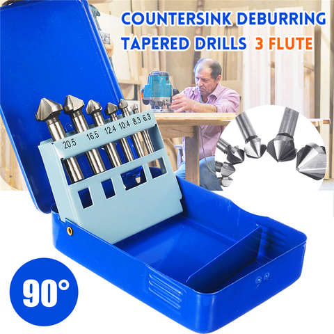 Round shank 6Pcs 3 Flute 90 Degree HSS Chamfering End Mill Cutter Countersink Deburring Tapered Drill Bit Set 6.3-20.5mm ► Photo 1/6