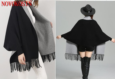 2022 Oversize Black With Grey Scarf Winter Knitted Poncho Women Solid 70*210cm Female Batwing Sleeves Wrap Vintage Shawl ► Photo 1/6