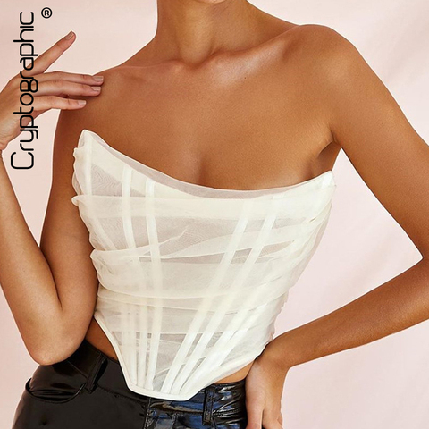 Cryptographic Sleeveless Fashion Strapless Bustier Corset Crop Tops Female Mesh Backless White Women Tops Zipper Summer 2022 ► Photo 1/6