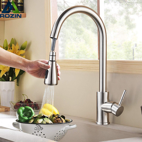 Rozin Brushed Nickel Kitchen Faucet Single Hole Pull Out Spout Kitchen Sink Mixer Tap Stream Sprayer Head Chrome/Black Mixer Tap ► Photo 1/6