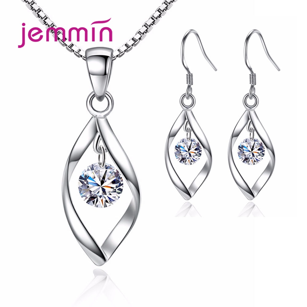 925Sterling Solid Silver Fashion Crystal Geometry Earrings Necklace Jewelry Sets 