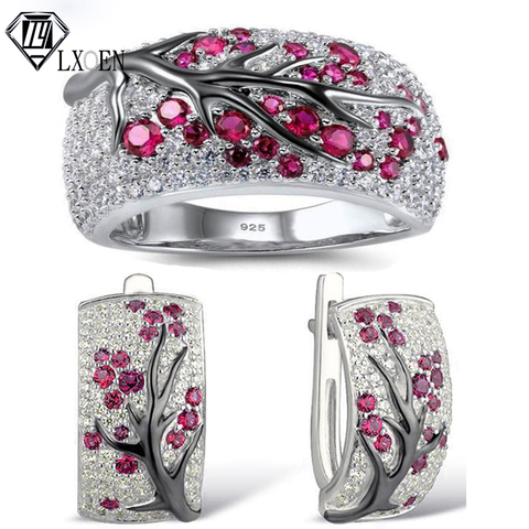 LXOEN Fashion Luxury Micro-inlaid Plum Tree Branch Jewelry Sets for Women WIth Red Zircon Earrings and Ring Wedding Set Jewelry ► Photo 1/6