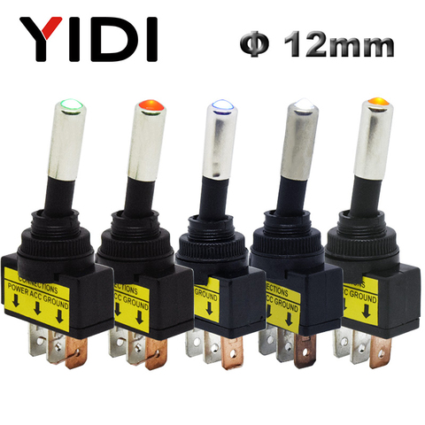 ASW-15D 12V 20A Toggle Switch On Off 12mm Red Green Blue Yellow White LED Car Auto Toggle Switch 3pin SPST ► Photo 1/6
