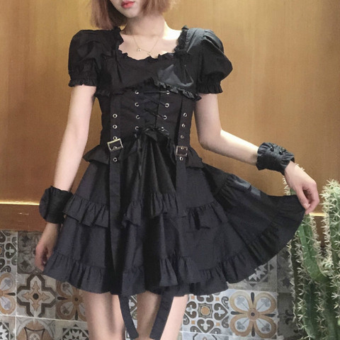 Japanese Women Black Gothic Lolita Dress Victorian Renaissance Retro Chic Punk Style Puff Sleeve Bandage Mini Dress Girl Dresses ► Photo 1/6