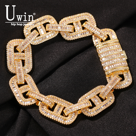 Uwin Baguette CZ Bracelets Miami 15mm Cuban Link Mens Bangles Iced Out Gold Silver Color Luxury Box Clasp Drop Shipping ► Photo 1/6