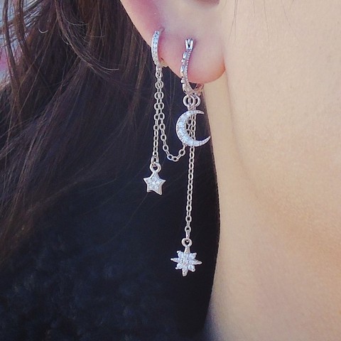 925 sterling silver earring design star moon 2/3/4 pierced Siamese ears chain ear bone ear buckle personality female ear jewelry ► Photo 1/6