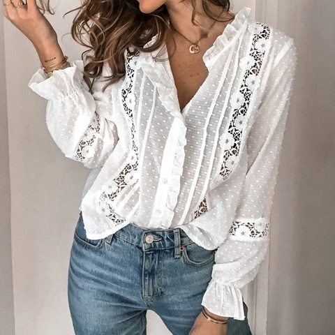 Spring Autumn Women Blouse Fashion Casual Ruffles Shirt V Neck Flare Long Sleeve Hollow Out Tops Office Lady Loose Blouses ► Photo 1/5