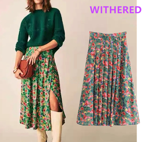 Dave&Di ins bogger england vintage floral print pleated fork high waists skirt women faldas mujer moda 2022 long skirts womens ► Photo 1/6
