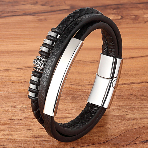 Stainless Steel Genuine Leather Bracelet For Men Geometrically Irregular Graphics Black Brown Color Accessories Jewelry ► Photo 1/6
